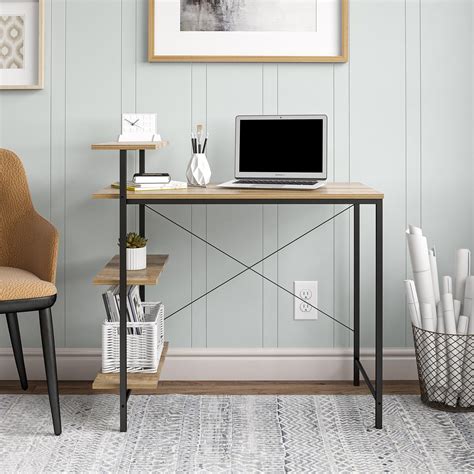 Sturdy computer desk with a black metal frame and 3 open shelves; Add style and function to your home office, family room, den, dorm room and more; Easily fits in with any home decor; Desk top can support up to 78 lbs, each shelf can support up to 20 lbs; Dimensions 36. . Mainstays side storage desk